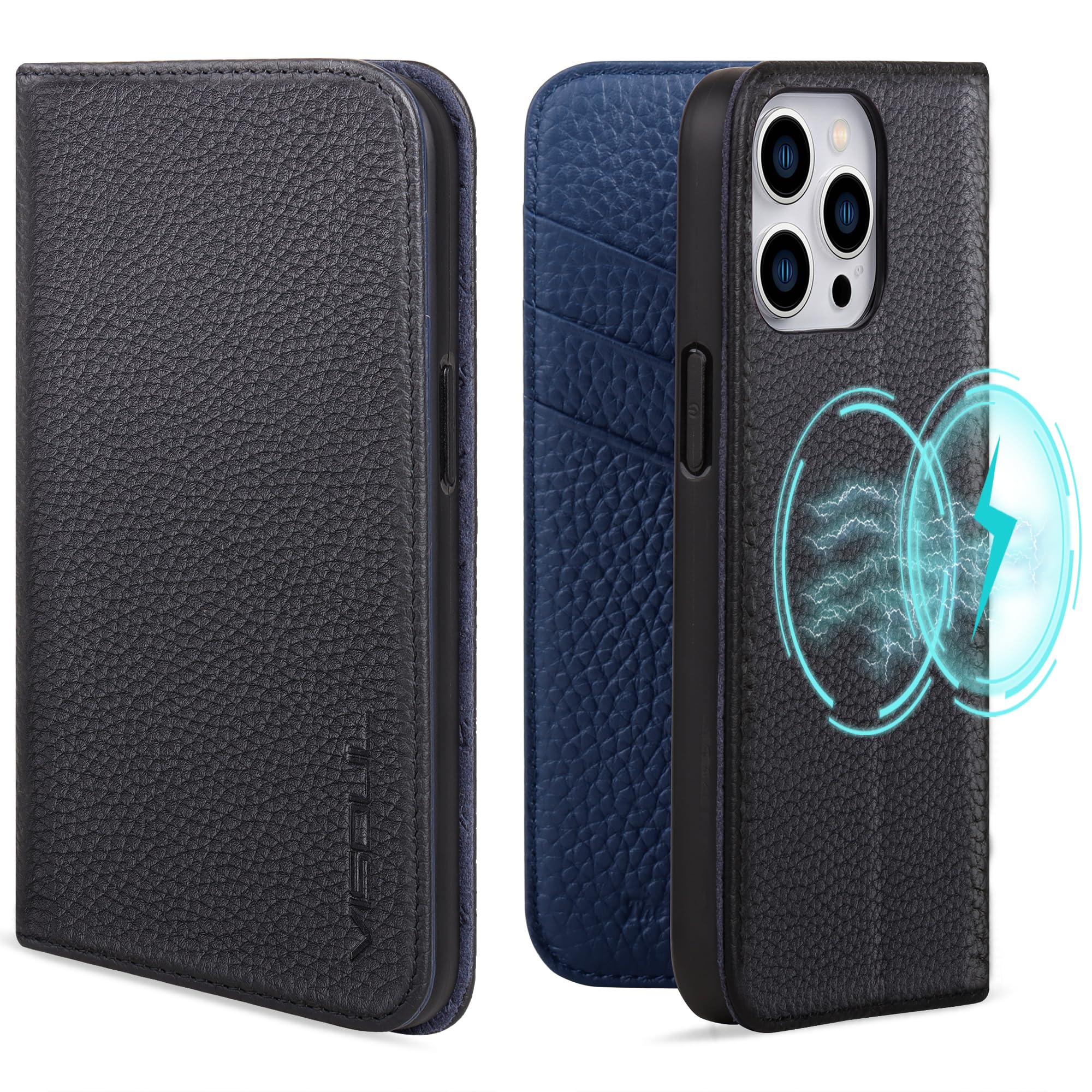 VISOUL iPhone15 Pro ケース 手帳型 本革 MagSafe対応 スマホケース アイフォン15プロ レザー 手帳ケース カード収納 携帯ケース 全面保護 柔軟なTPU素材 マグネット式 スタンド機能付き 6.1インチ アイホン 15 Pro ネイビー