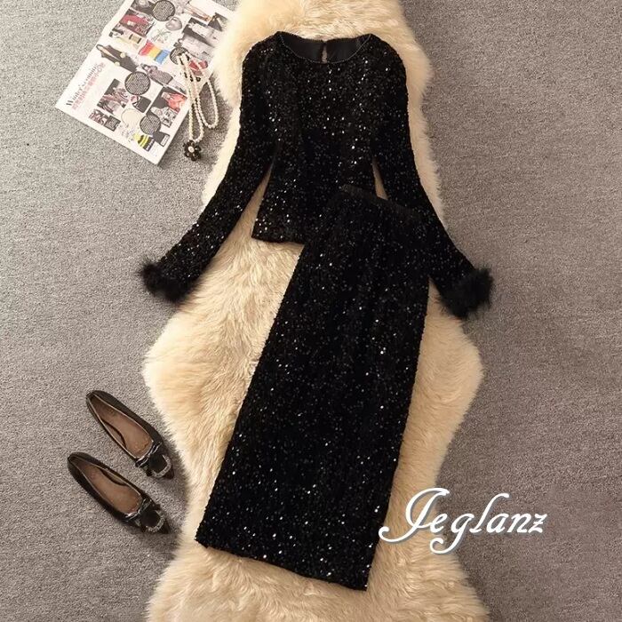 セットアップ 2点 フェザー トップス タイト スカート 光沢感 ♪ (MB004)λ