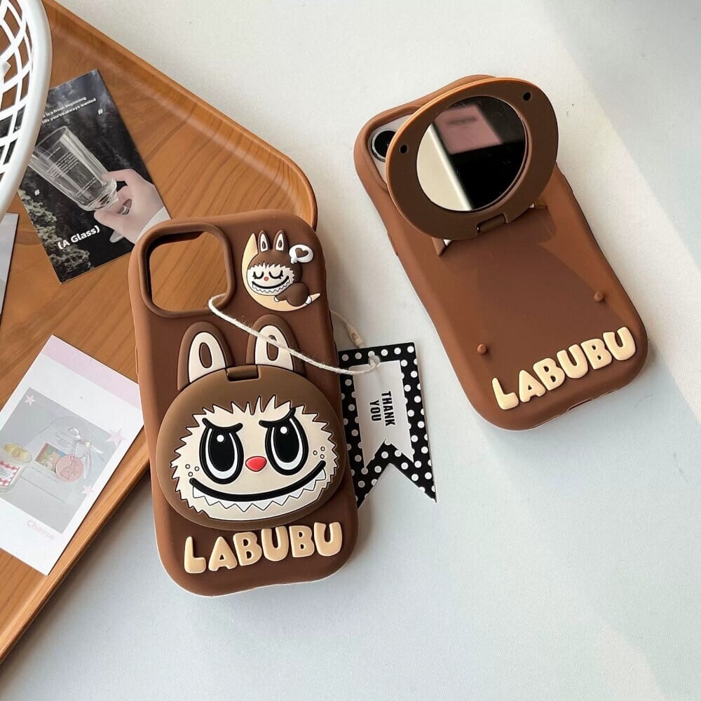 ぷっくりミラーでお出かけチーク!Labubu ミラー付き iPhone フリップケース かわいいミラー機能でいつでもばっちり 可愛い ソフト