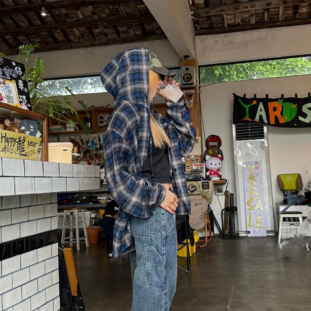 ストリートライクチェックパターンフードシャツ R00712