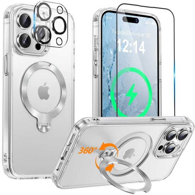 【従来を覆す・氷霧質感｜三重全面保護セット】OYR iPhone 14 Pro用 ケース Magsafe対応[360°定点回転CDスタンド]・クリア