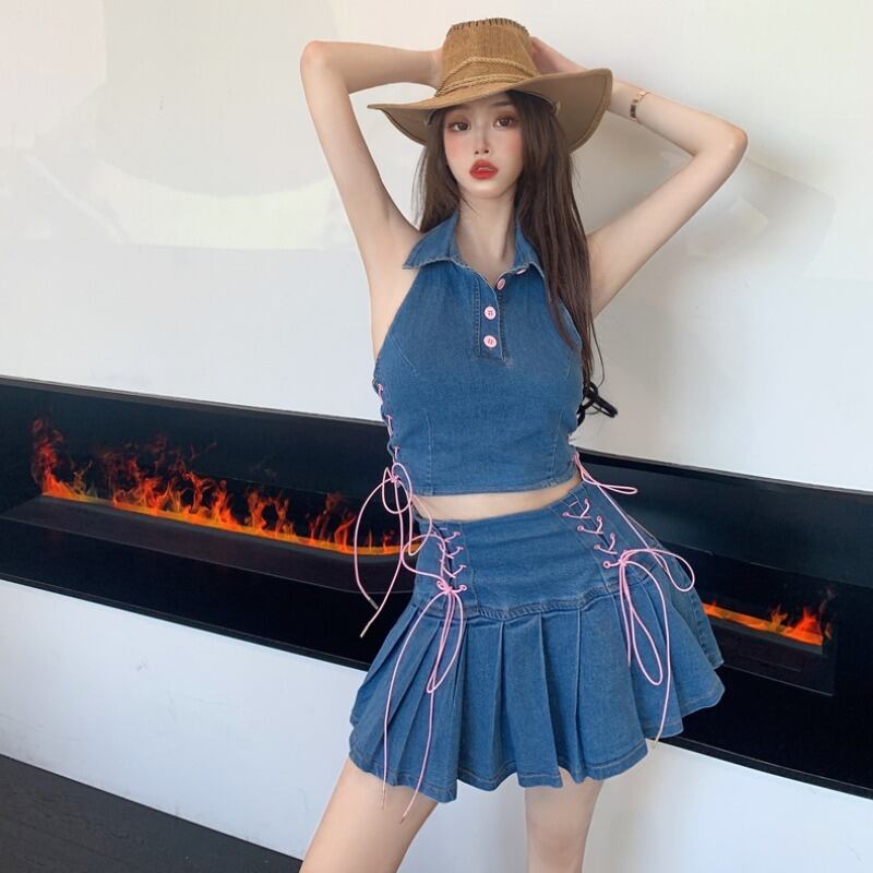 トップス ハイウェストウェストプリーツスカート ハンチェンe68432347494