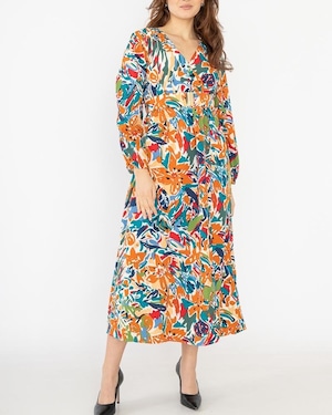 ベルト付き フラワープリントワンピース|カシュクール ロングワンピース 長袖 ウエストマーク 春夏ワンピース 大人カジュアル 華やかワンピ