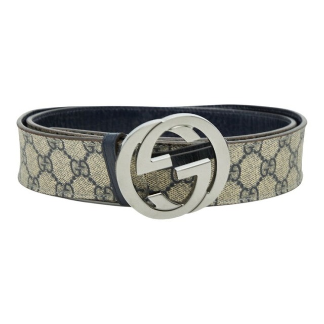 グッチ GGスプリーム インターロッキングG ベルト サイズ:100/40 114984 ベージュ ネイビー PVC レザー メンズ GUCCI 【中古】