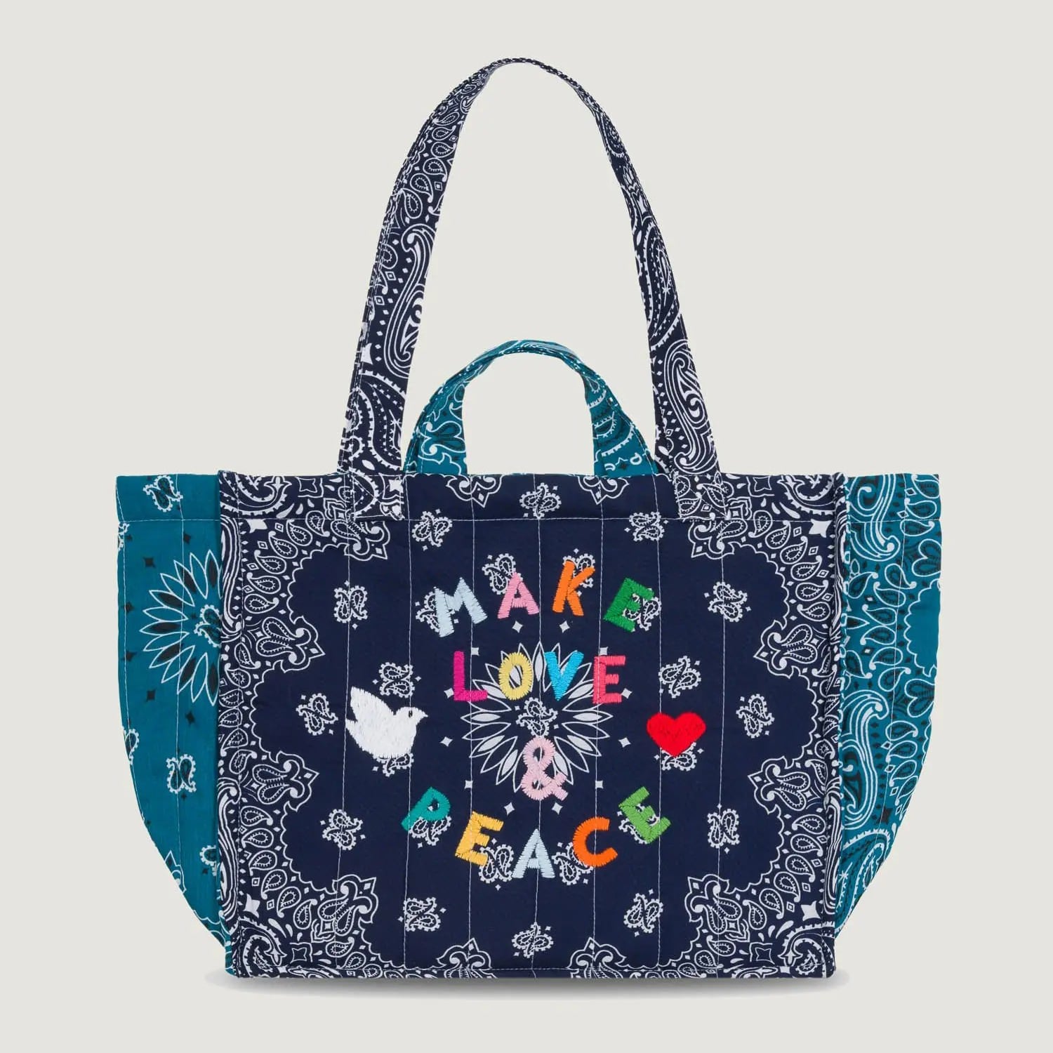 CALL IT BY YOUR NAME Quilted Medium Cabas Tote MAKE LOVE&PEACE Navy/Petrole