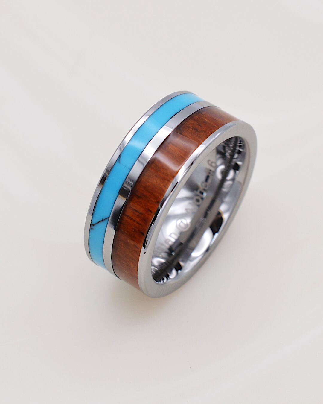 タングステン コアウッド × ターコイズ 2ライン 8mmリング