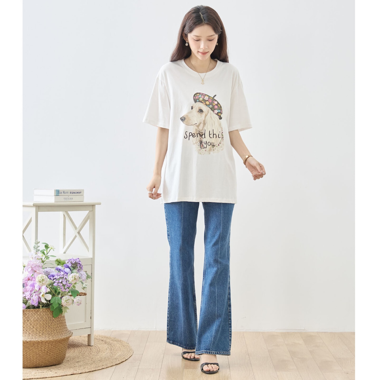 reve bleu フラワーベレー帽犬プリントTシャツ【M~L】ホワイト
