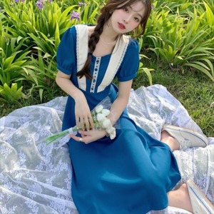 【送料無料】 ロングドレス  半袖  フェミニン  Aライン・フレア 大人可愛い  カジュアル系  レース  ひざ丈・ひざ下丈  こなれ感  レディースファッション・可愛い  体系カバー  韓国  プチプライス  夏  お出かけ・女子会・デイリーユース  ブルー