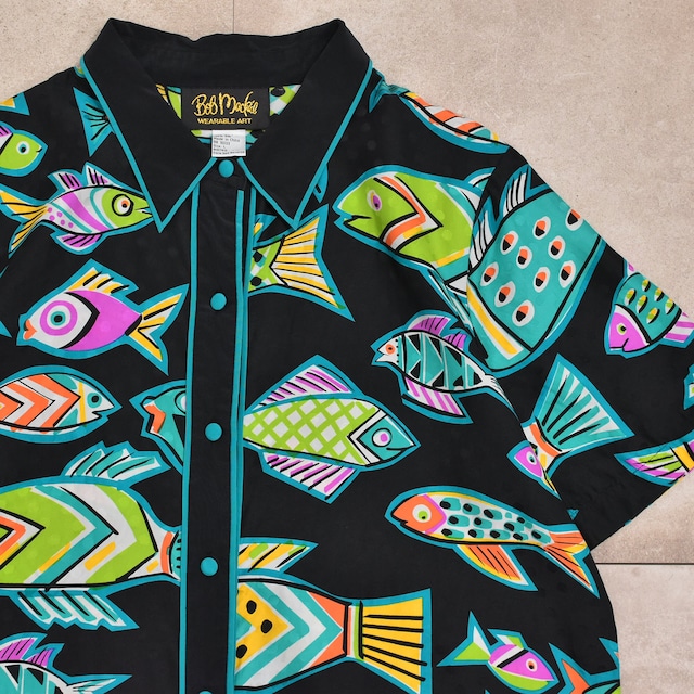 80～90s Bob mackie fishes & dots pattern silk shirt