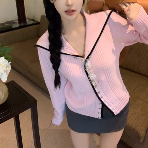 配色ラインセーラーカラーニットカーデ ・74205