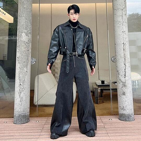 予約販売】メンズ セットアップ 上下 長袖 デニム 異素材 レザー