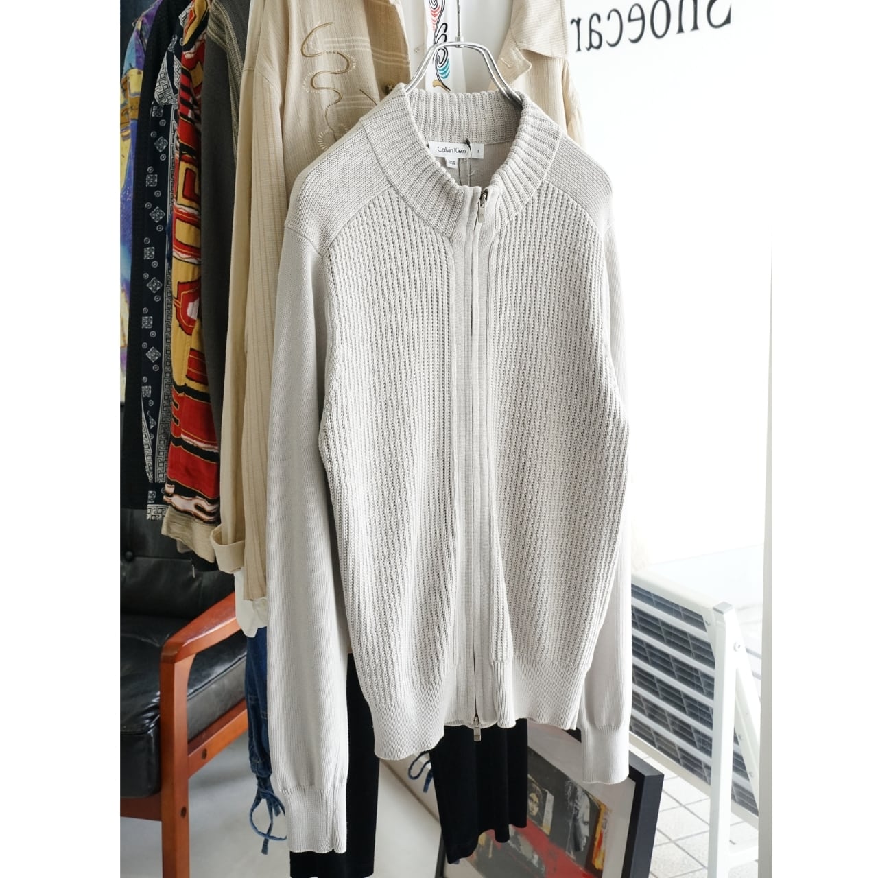 Calvin Klein カルバンクライン ドライバーズニット ジップアップ ライトグレー S タグ付き|NA374