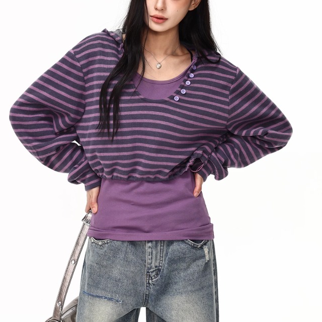 layered-look long tee with a hood　レイヤードフード付きロンティー　J2151