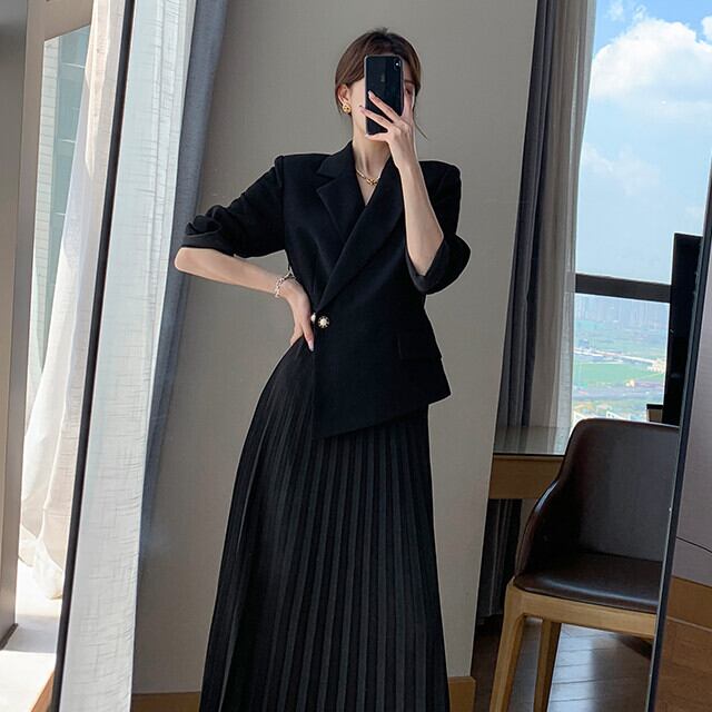 ワンピース レディース ロングワンピ 七分袖 金ボタン プリーツ