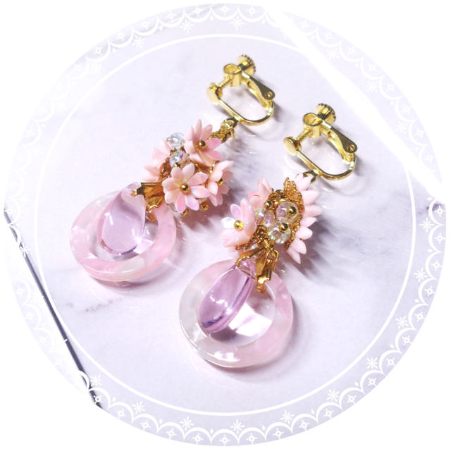【イヤリング】鴇色小菊