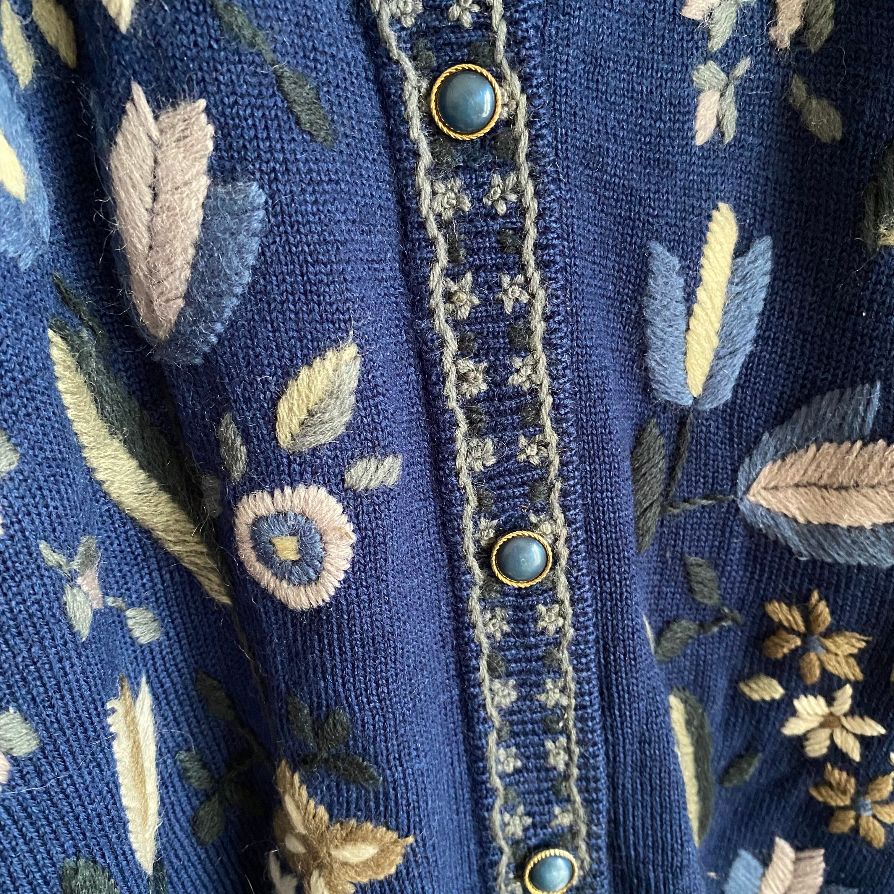 Vintage 80s retro botanical embroidery knit cardigan レトロ ...