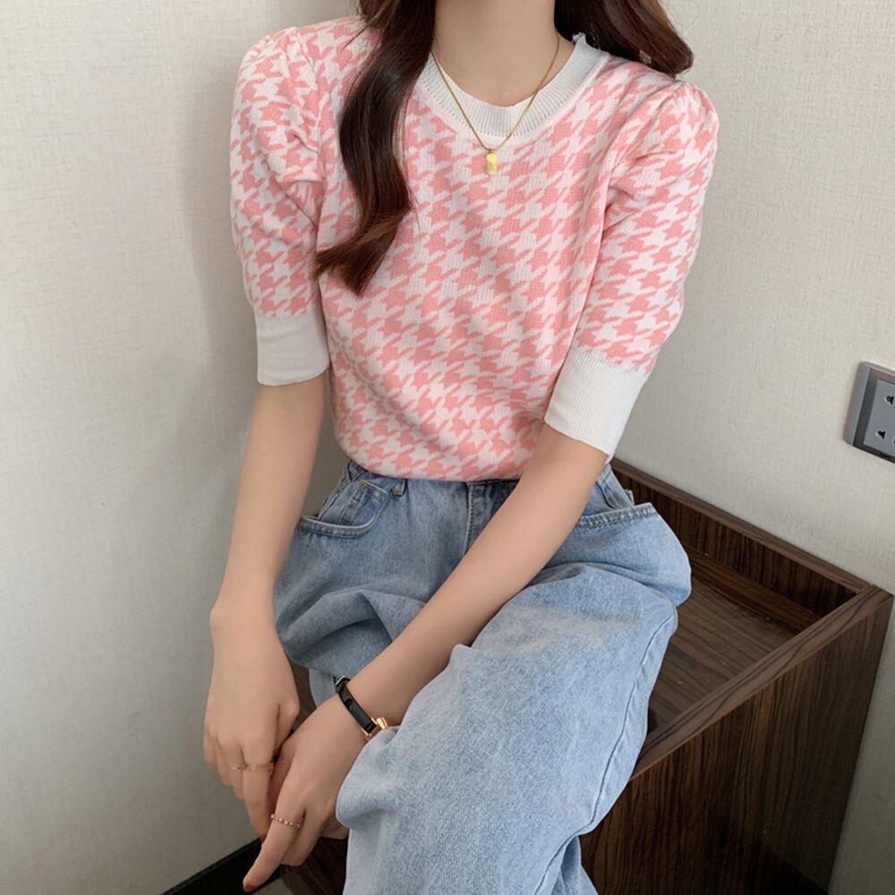 千鳥柄サマーニット レディース夏服半袖 パフスリーブ ラウンドネック