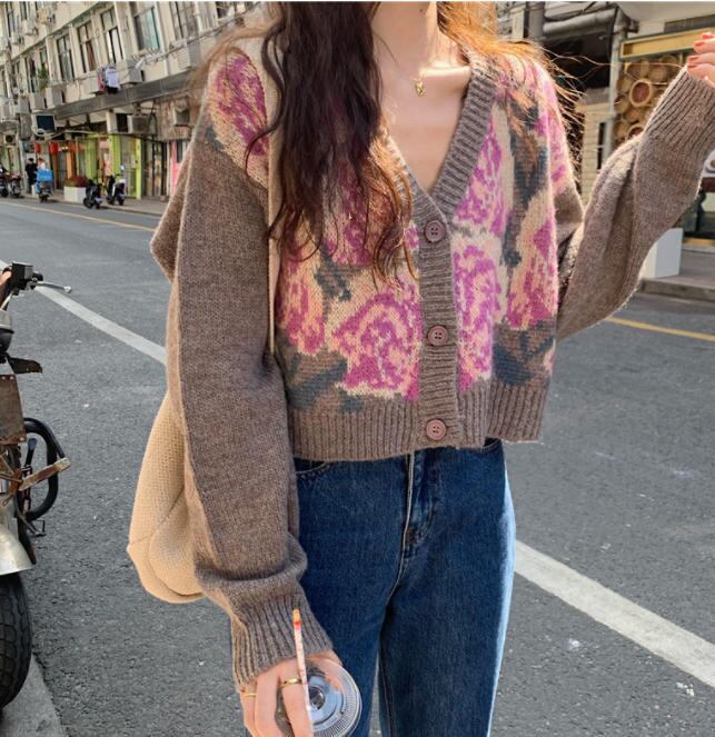 花柄 ニットカーディガン アウター 羽織 Vネック ゆったり ガーリー 大人可愛い 長袖 Luluca 韓国 トレンドファッションluluca ルルカ