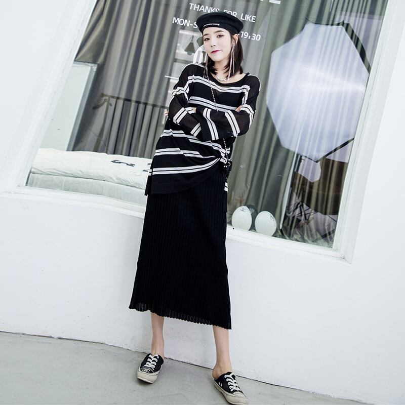 カジュアルラウンドネックストライプトップス スカート ロング 大きめサイズ Oネック ミックスインファッション96406505402