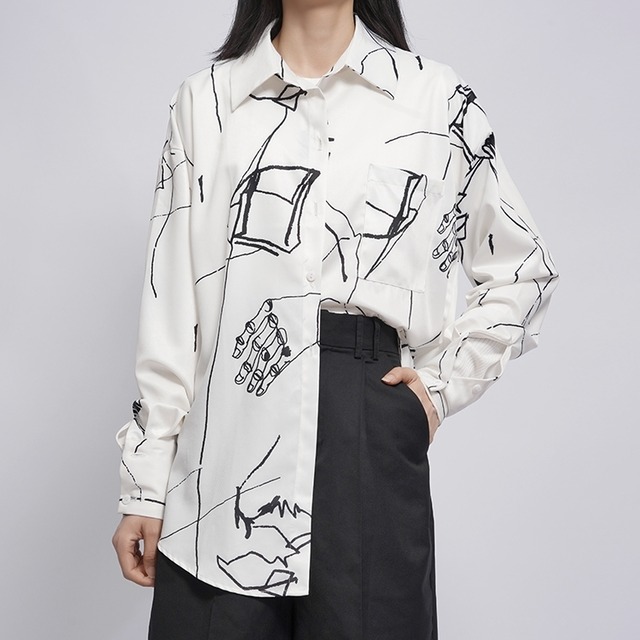 トップス シャツ レディース 送料無料 袖あり 長袖 襟付き 幾何学模様 ジオメトリック グラフィック マニッシュ 大人可愛い きれいめ シンプル 大人 上品 おしゃれ お洒落 エレガント 大きめ ビッグシルエット  白 ホワイト 緑 グリーン 水色 ブルー 黒 ブラック 無地 パステルカラー 春カラー 春 20代 30代 40代 50代 女性用 ママ オフィス ビジネス OL 通勤 着回し 普段使い ファッション コーデ スタイル モテ プレゼント ギフト 定番 プチプラ 安い 送料無料 流行 トレンド