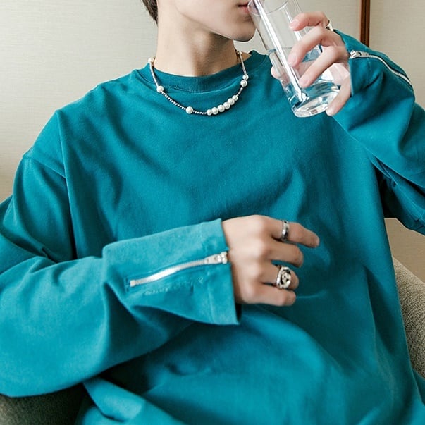 袖ジッパー 長袖 Tシャツ ロンT | Korean unisex fashion セレクト