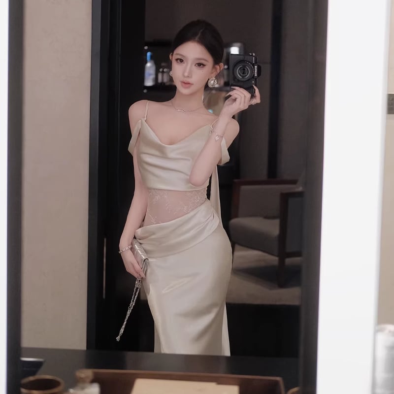 【dress】レースドッキングドレープドネックキャミワンピース Q8395