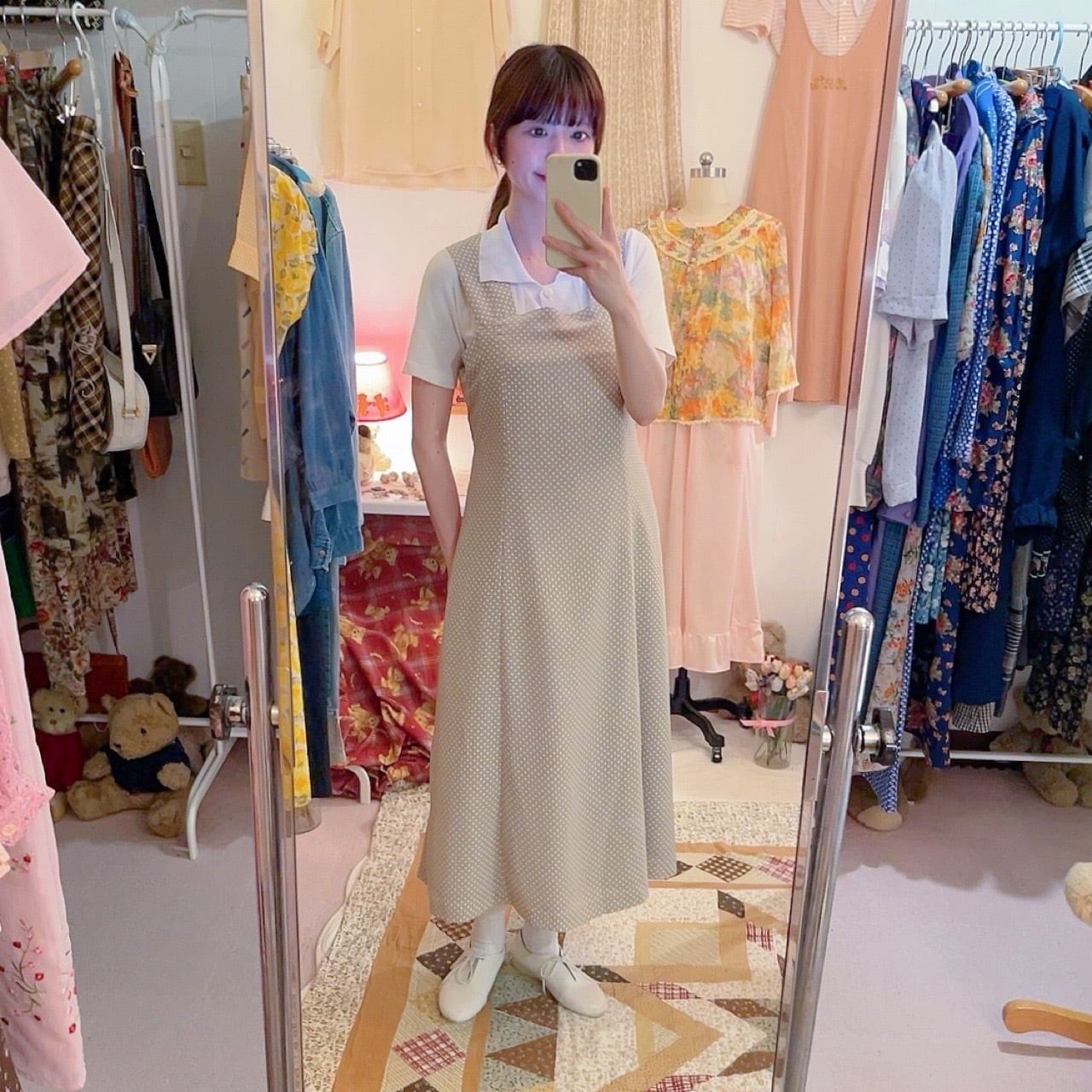 beige dot waist ribbon jumper skirt