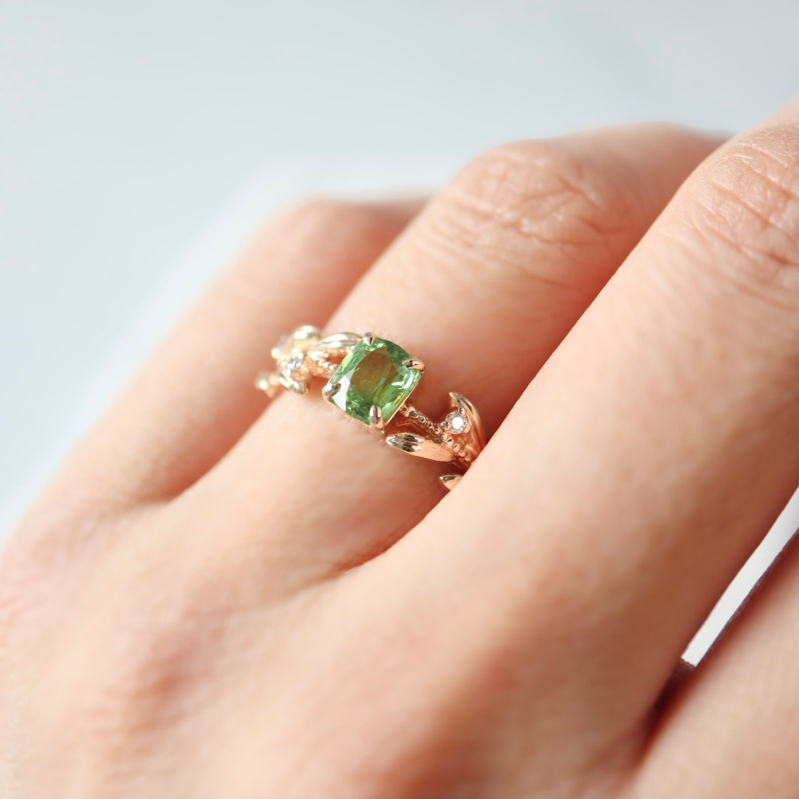若草色 ミントトルマリン&Dia リーフリング / K10 | DoubleMoon jewelry