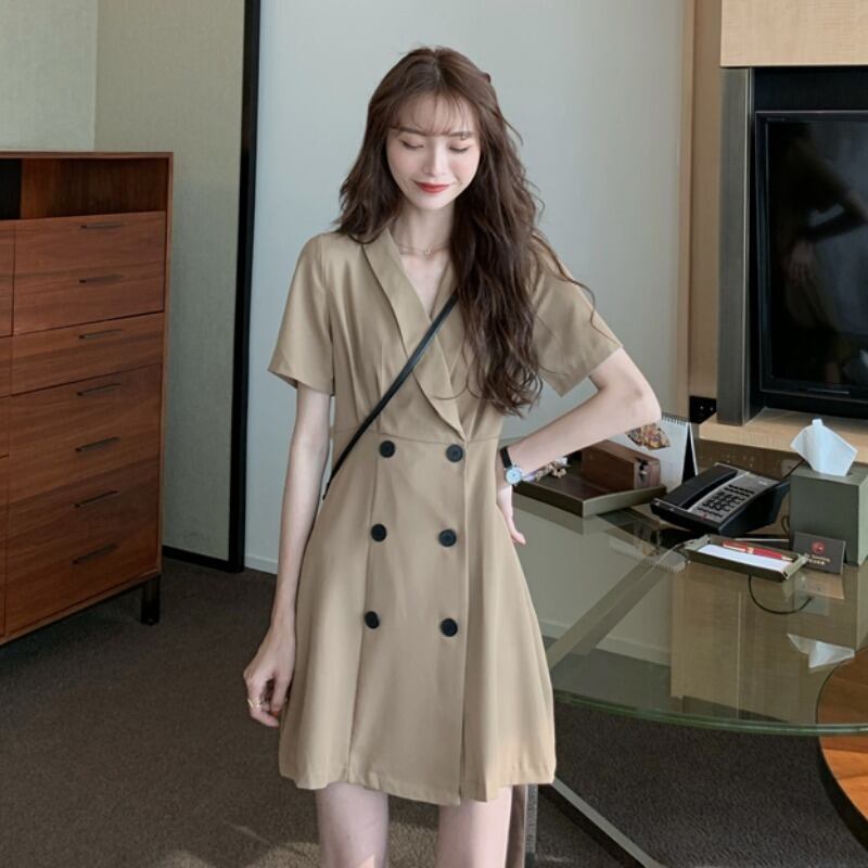 2020年夏の新しい女性フレンチレトロウエスト細いAラインスカート気質スーツ襟半袖ドレス 1号婦人45527221194