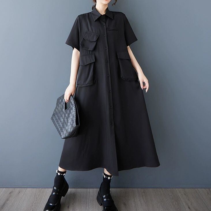 BLACK 3D POCKET HALF SLEEVES A-LINE MIDI SHIRT DRESS 1color M-13496