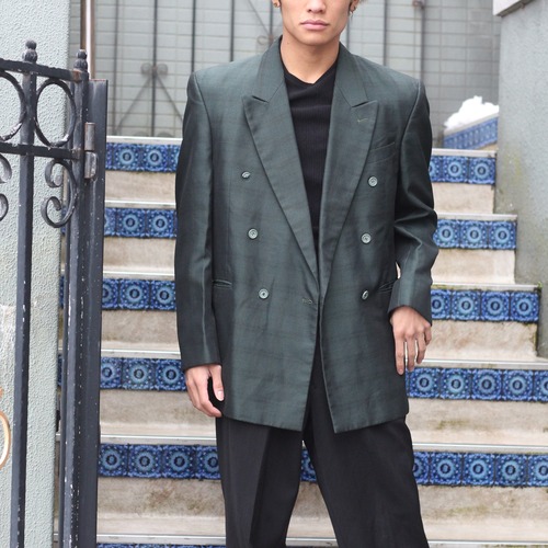 USA VINTAGE CHECK PATTERNED GREEN COLOR DOUBLE TAILORED JACKET/アメリカ古着グリーンカラーダブルテーラードジャケット