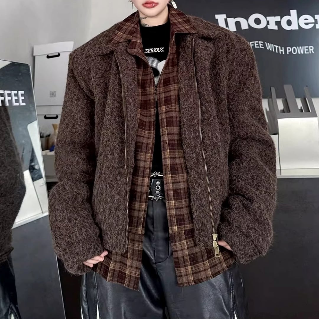 シャツレイヤード風 ブークレ調ショートブルゾン 2カラー D12135