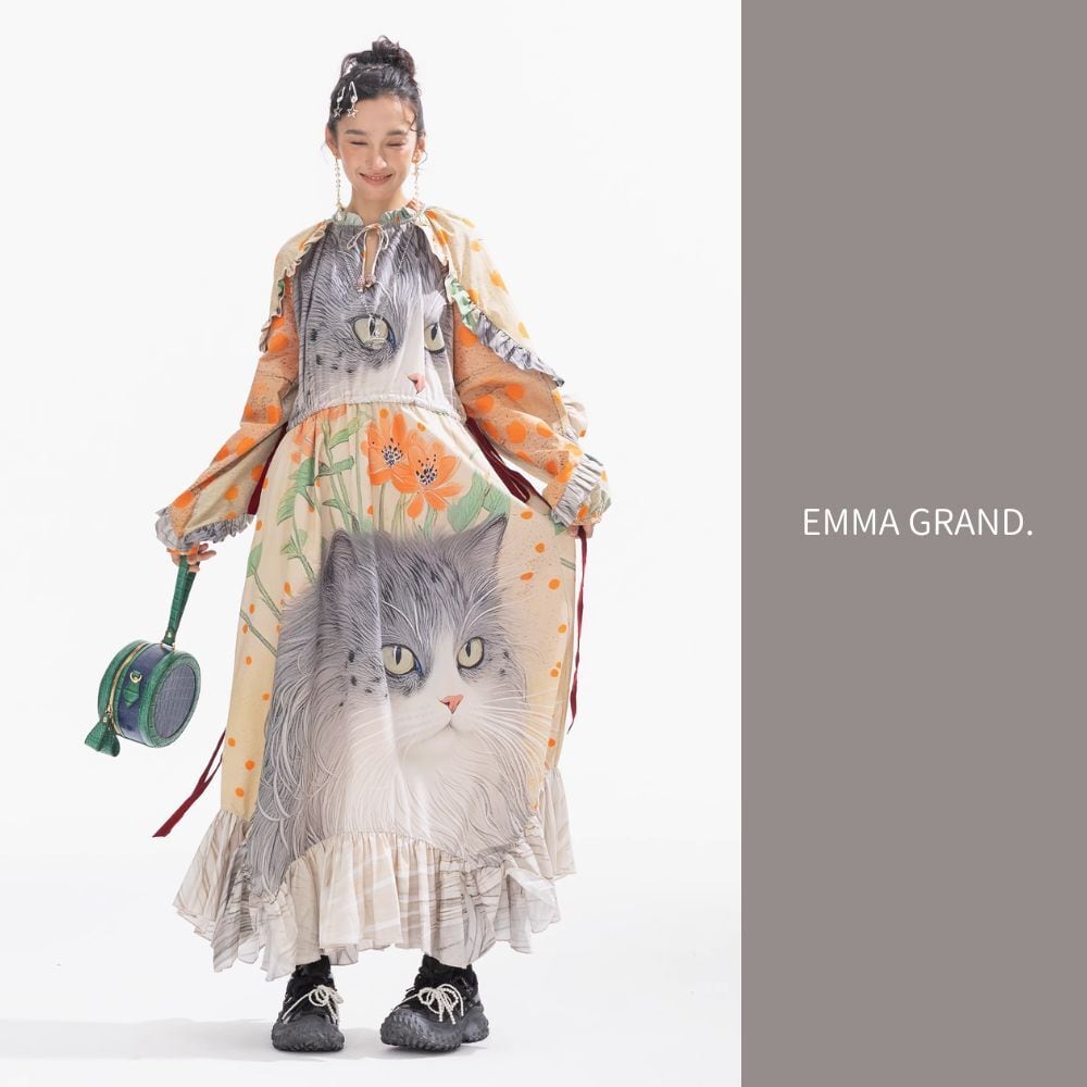 ノルウェージャンフォレストキャットのレトロデザインワンピース