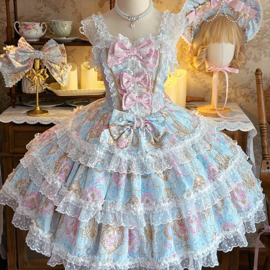 甘ロリ 花柄 JSK ピンク×パープル 多層フリル レース 姫系 ロリータ