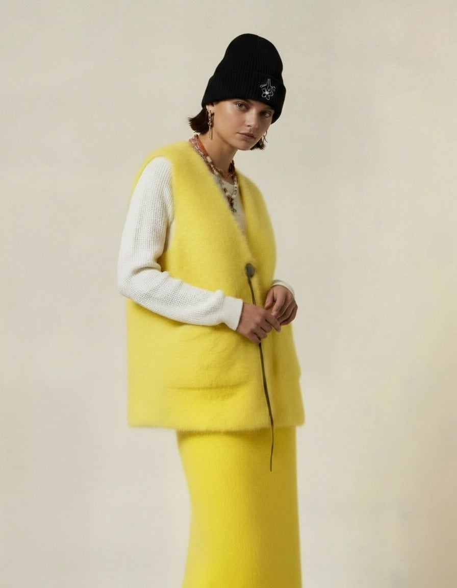 残り僅か | Feather Knit Gilet-Neo Yellow