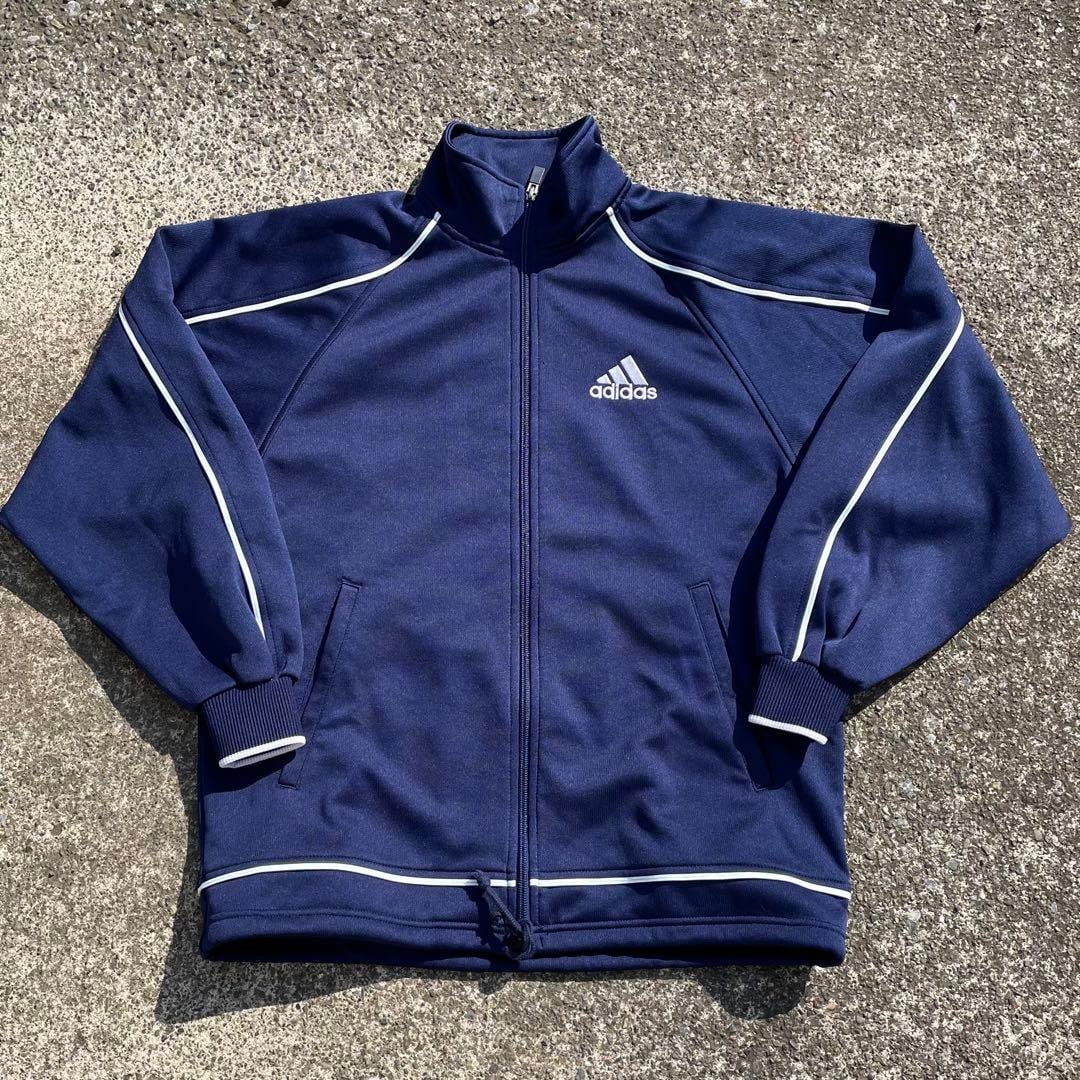 【XSサイズ】00's adidas ロゴ刺繍 紺 × 銀 古着 定番 トラックジャケット