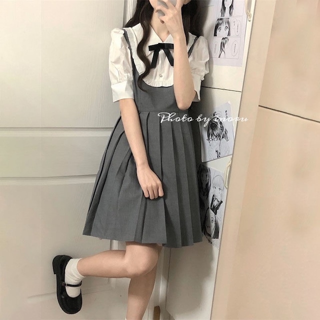 With U ゴスロリ系 ゴシック ロリィタ フェイクツーピース ワンピース リボン付き JK制服 プリーツスカート ソフト ゆるふわ 甘ロリ かわいい 原宿ファッション オルチャン 韓国ファッション