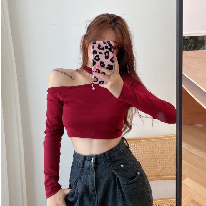 スプリングショートTシャツ レッドスリムトップス ロング 春物 ドラファッションホール6831587087