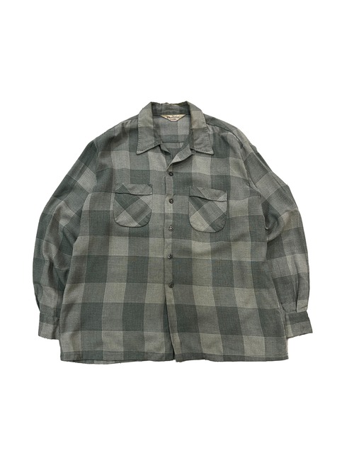 1950s "Sportsman" Open Collar Check Pattern Rayon L/S Shirt