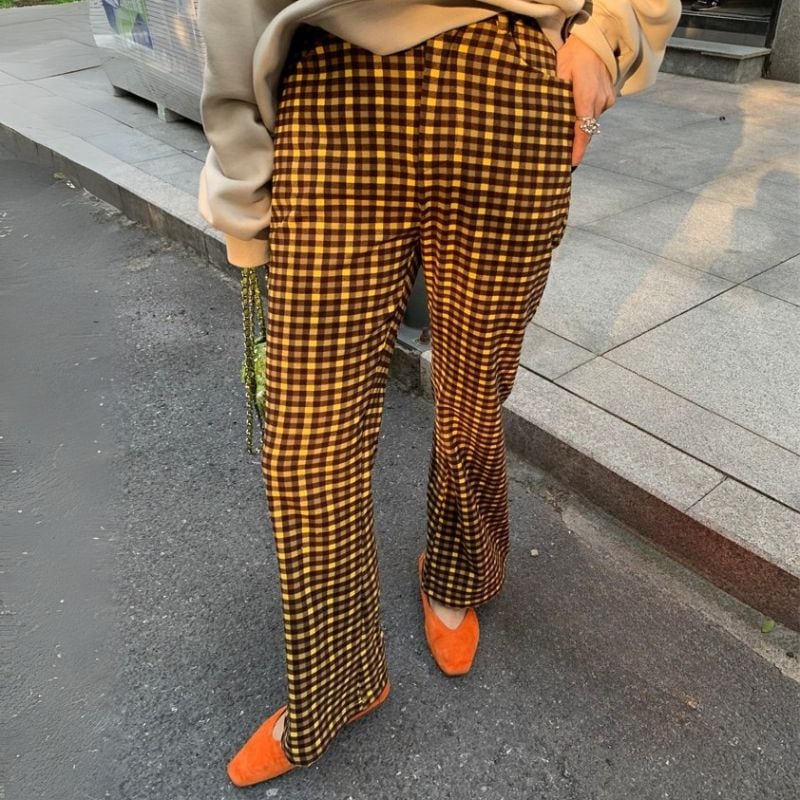 Check pattern flared long pants 00496
