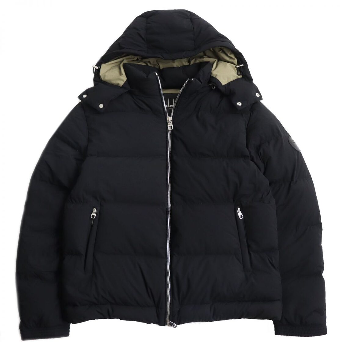 美品○dunhill ダンヒル レザーロゴパッチ付きフーデッドダウン 