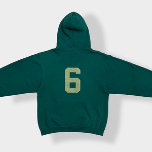 【Russell】グレイソン高校 フットボール アメフト部GRAYSON FOOTBALL ロゴ バックプリント ナンバリング パーカー スウェット フーディー hoodie M ディープグリーン  us古着