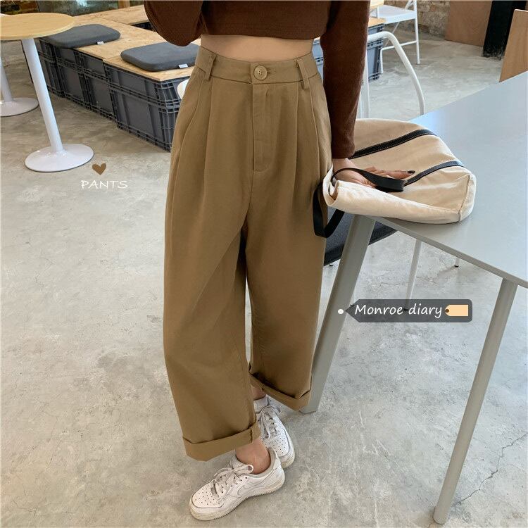 カーキハイウェストウェストカジュアルパンツ レディーススプリングオータム薄手ルーズロングサマー 春物 夏物 秋物 モンロー95821473679