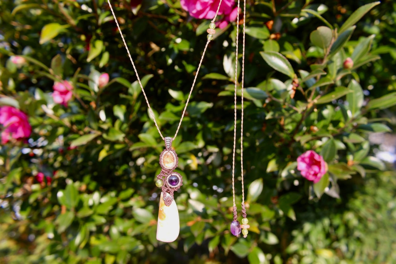Fossil Coral & Sunstone & Amethyst micro macrame  pendant