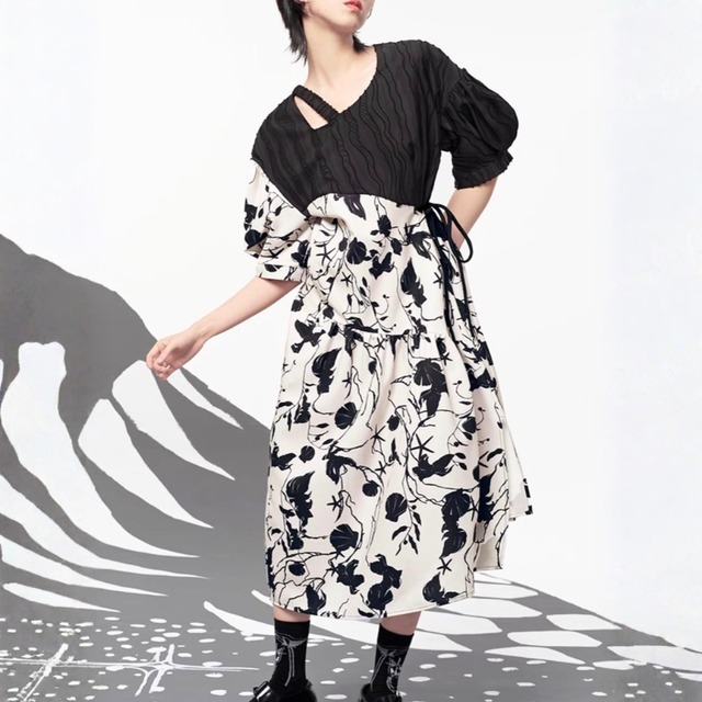 Asymmetric floral ruched one-piece C1604
