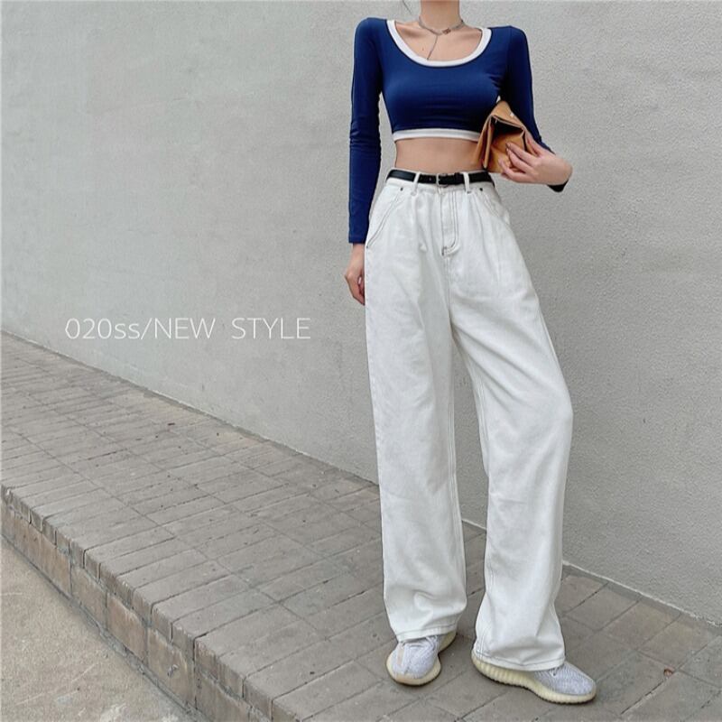 ジーンズ ハイウェストウェストルーズ薄手スプリングオータムホワイトパンツ 春物 秋物 ブラックストロベリース19807110742