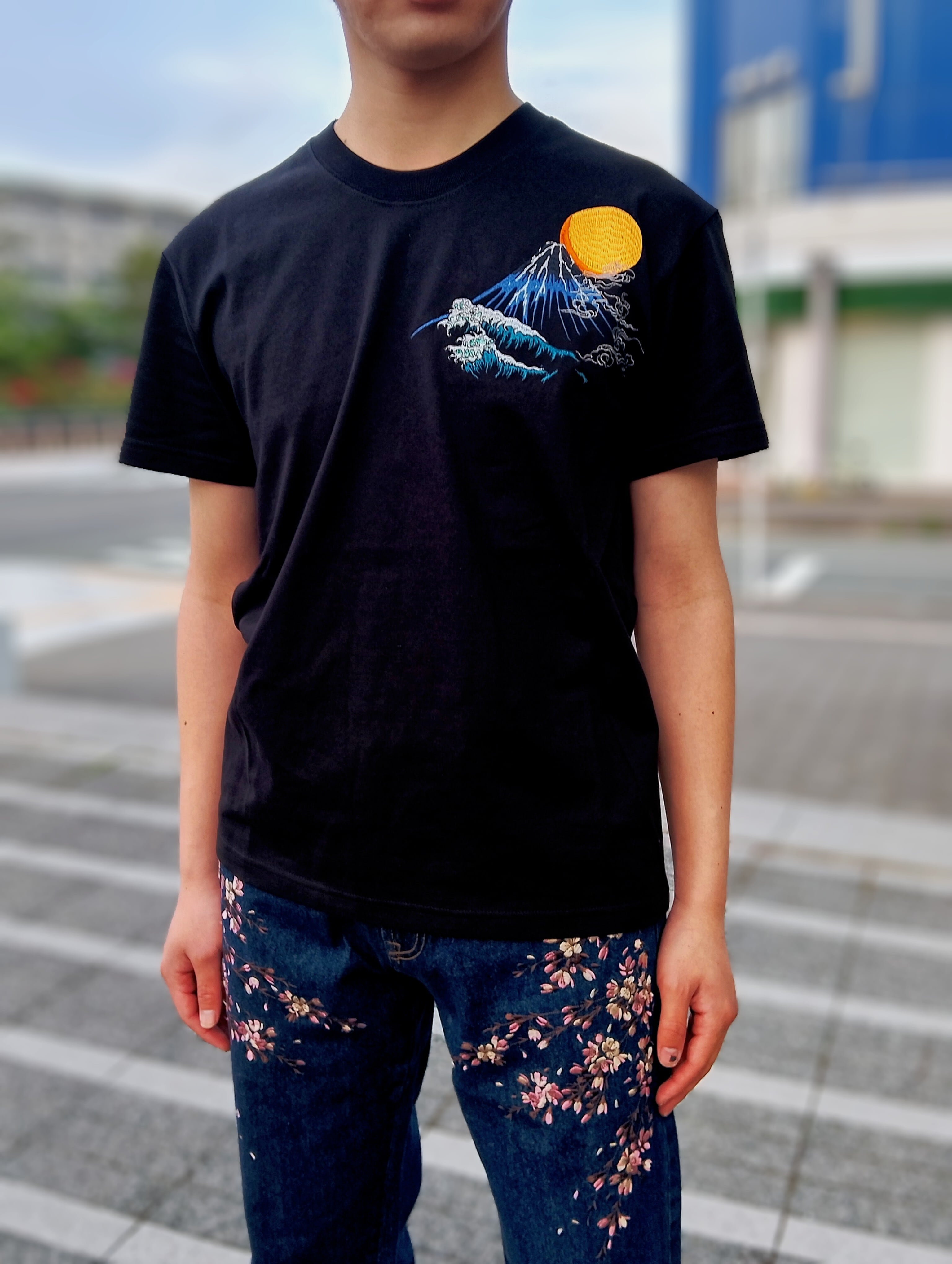 ST-605 浪に鯨 刺繍半袖Tシャツ ブラック S・M・L・XL・XXL | 風と地の吾