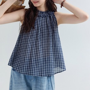 check gather neck sleeveless blouse