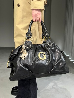 leather boston bag / black × gold