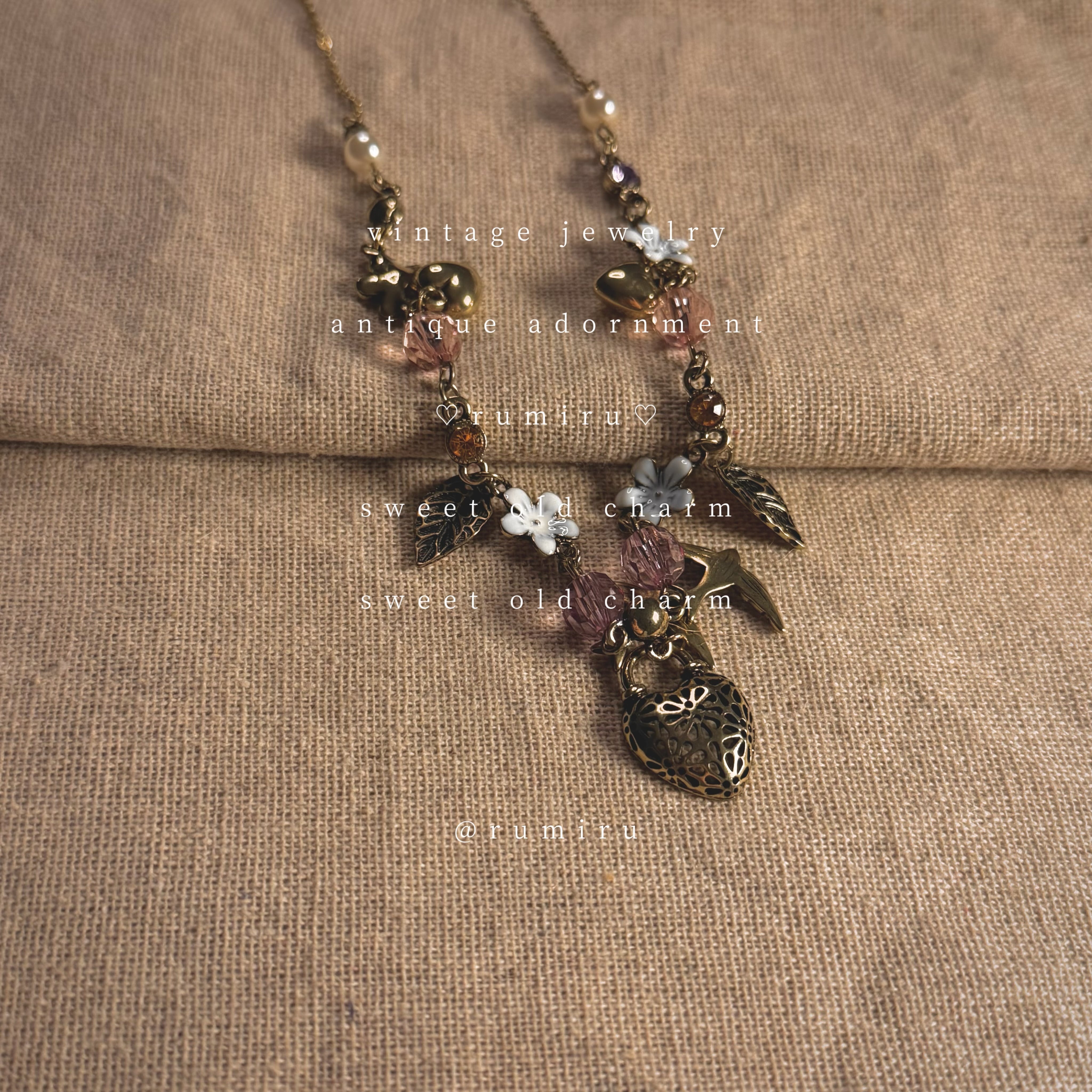 ハンドメイド フラワー 小鳥 アンティーク ネックレス | rumiru